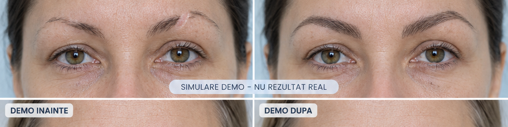 Simulare demo inainte si dupa pentru cicatrice sau gol local in spranceana