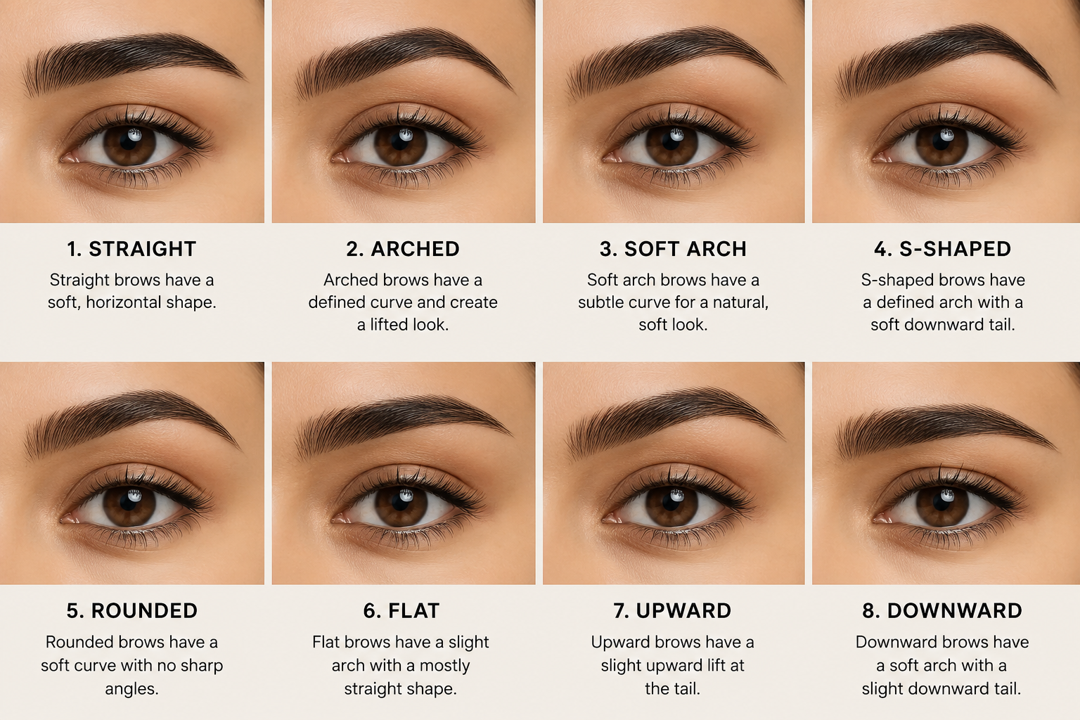 Opt modele orientative de sprancene: straight, arched, soft arch, S-shaped, rounded, flat, upward si downward